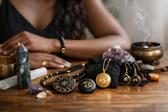 Zodiac spiritual accessories including sacred art, candles, and symbolic apparel rooted in cosmic identity and divine feminine energy