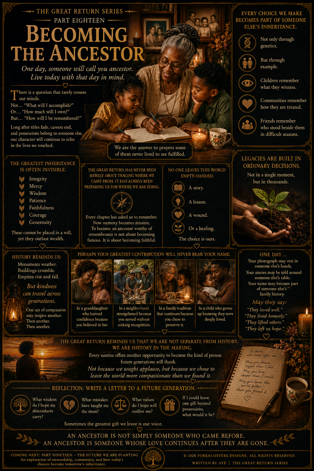 A woman standing in golden light, embodying ancestral legacy and the concept of becoming an ancestor — The Great Return Part 18 by Forealsister Designs