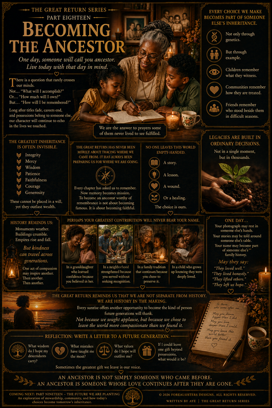 A woman standing in golden light, embodying ancestral legacy and the concept of becoming an ancestor — The Great Return Part 18 by Forealsister Designs