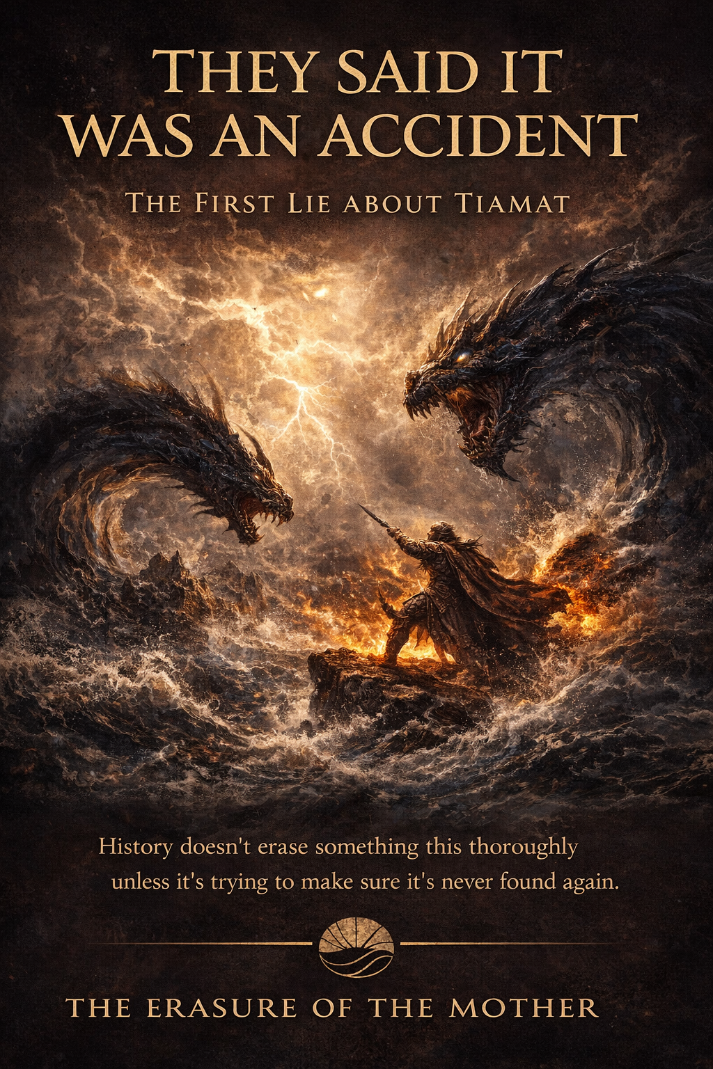 Epic battle scene against a stormy sea, symbolizing the mythic conflict between Tiamat and Marduk