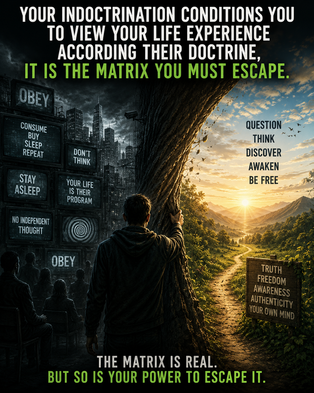 A person breaking free from mental conditioning and escaping the matrix