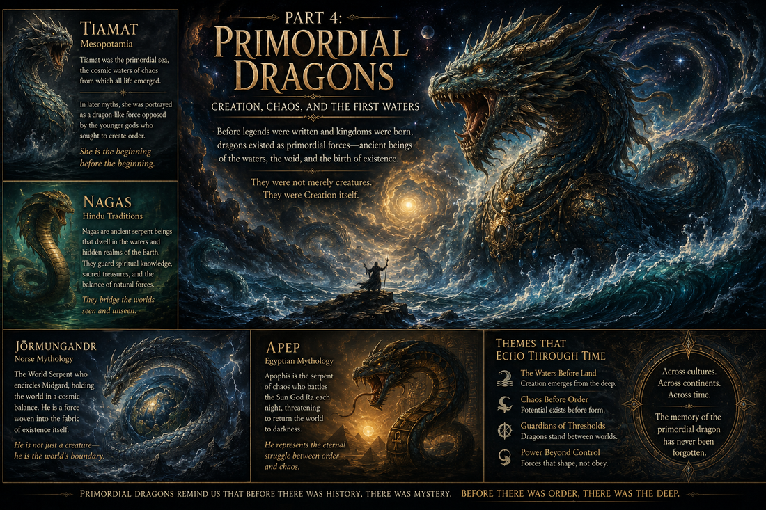 Ancient primordial dragon emerging from cosmic waters, representing creation and chaos in mythology