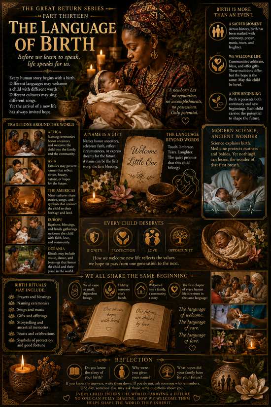 Sacred illustration representing the language of birth and naming traditions across cultures — The Great Return Series by Forealsister Designs