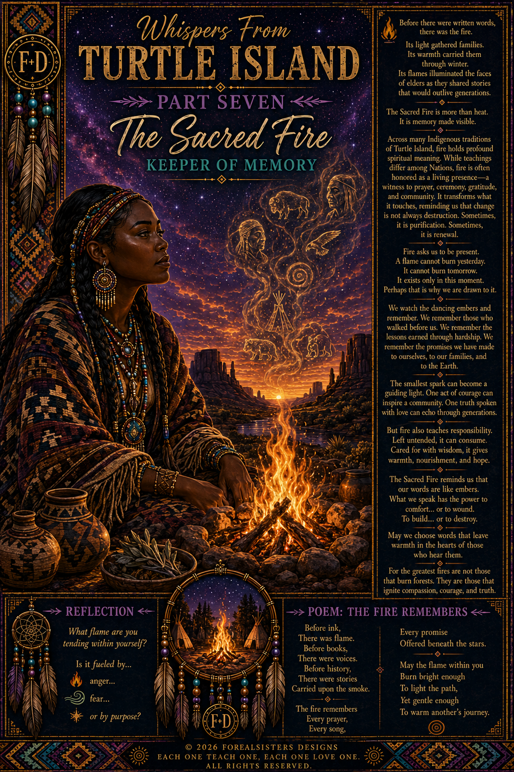 Sacred fire burning at night, keeper of ancestral memory and ceremony — Whispers From Turtle Island Part Seven