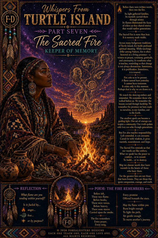 Sacred fire burning at night, keeper of ancestral memory and ceremony — Whispers From Turtle Island Part Seven