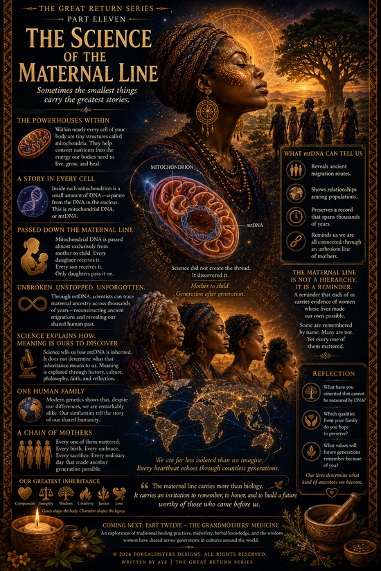 Illustration representing the science of the maternal line and mitochondrial DNA — The Great Return Part Eleven by Forealsister Designs