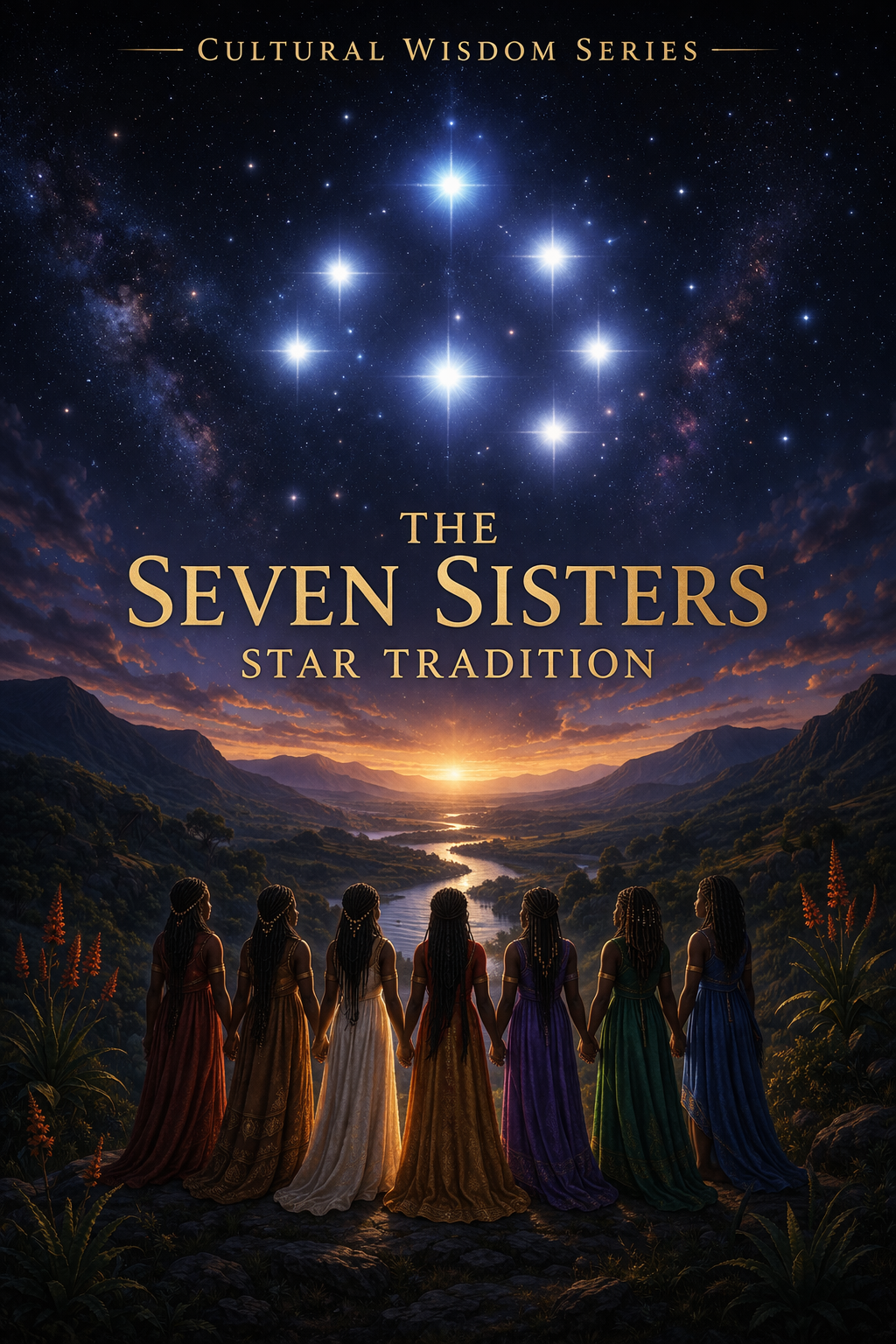 Seven Sisters Pleiades star cluster glowing under the night sky, ancestral wisdom and sacred feminine