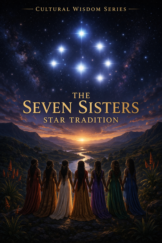 Seven Sisters Pleiades star cluster glowing under the night sky, ancestral wisdom and sacred feminine