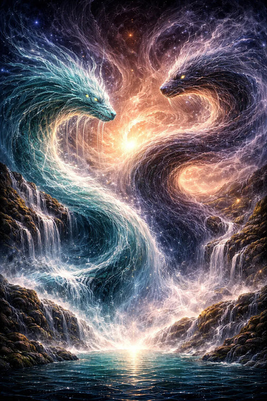 Tiamat and Apsu in the primordial cosmic waters — sacred Goddess creation mythology