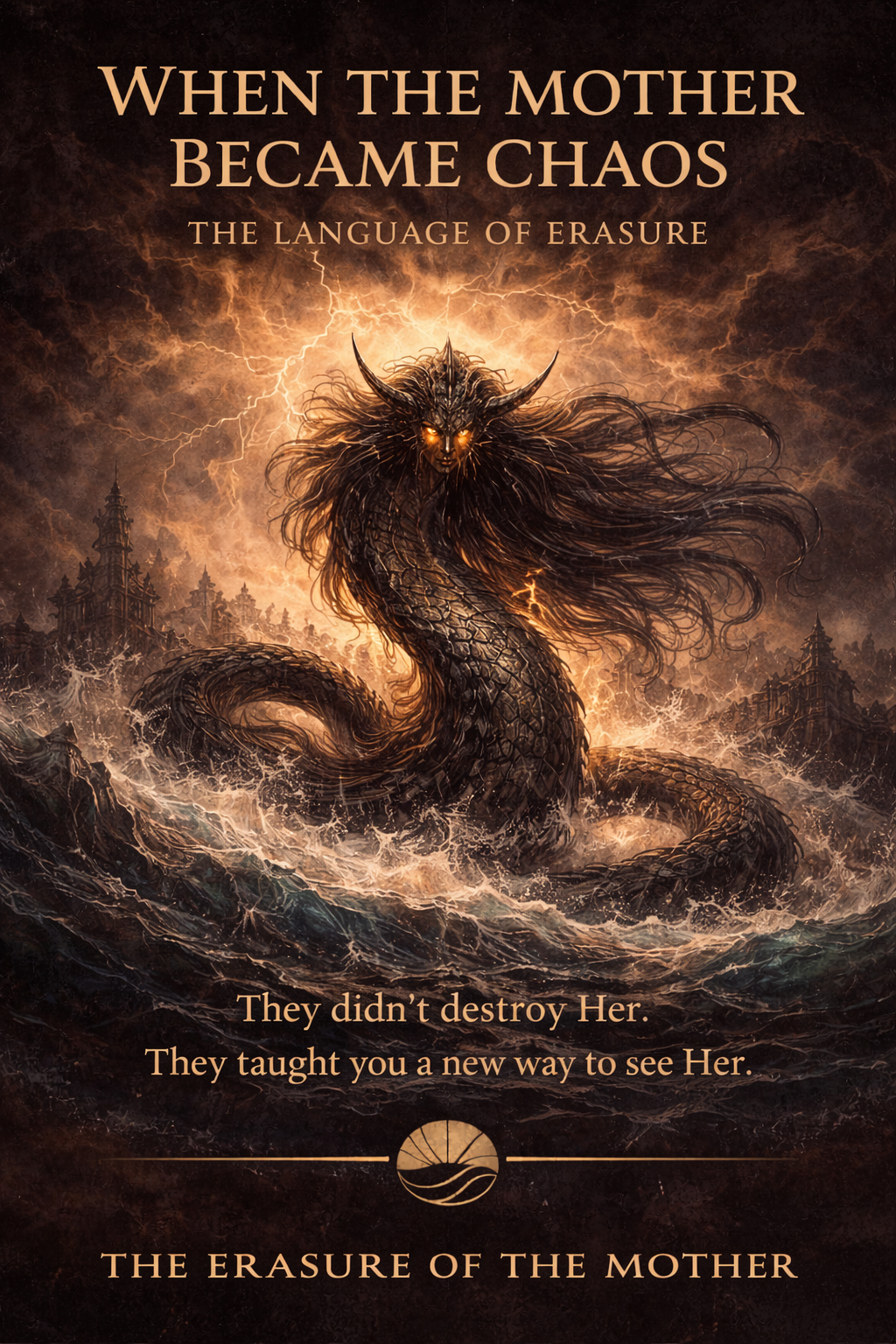 Tiamat rising from primordial waters — sacred feminine origin and the language of erasure