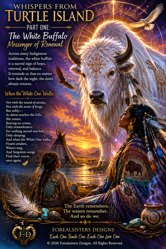White buffalo standing in a sacred landscape, symbolizing renewal and hope from Indigenous teachings of Turtle Island