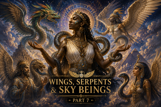 Illustration representing wings, serpents, and sky beings across ancient civilizations — Part 7 of the comparative mythology series