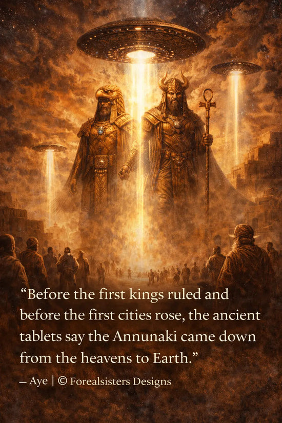 Ancient Sumerian depiction of the Annunaki arrival on Earth with celestial beings descending from the heavens