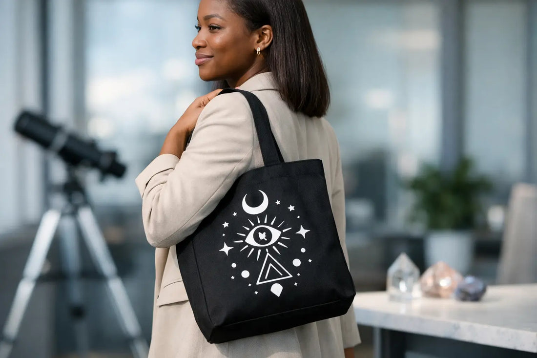 A cosmic symbol tote bag featuring sacred ancestral imagery from Forealsister Designs