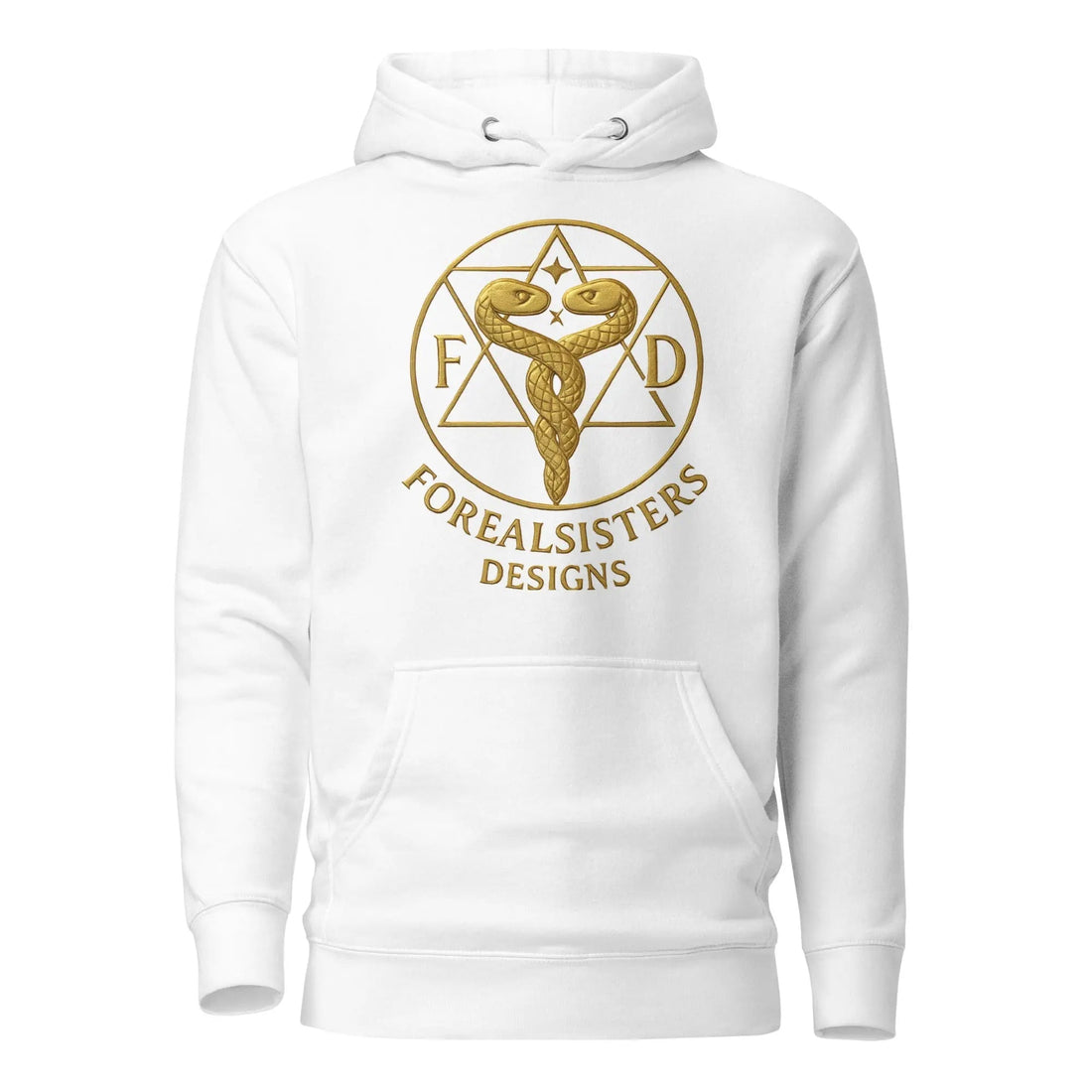 I Am Aye Unisex Hoodie by Forealsister Designs — sacred sigil art in gold on premium hoodie, a vessel for Nubian feminine power and ancestral memory