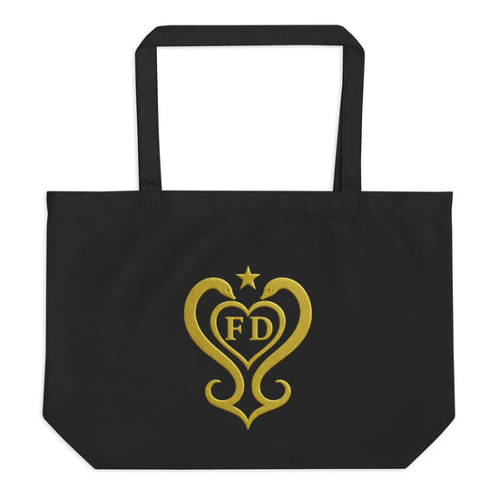 Large organic tote bag featuring gold-embossed Forealsister sacred sigil on a deep purple-galaxy backdrop — Forealsister Designs